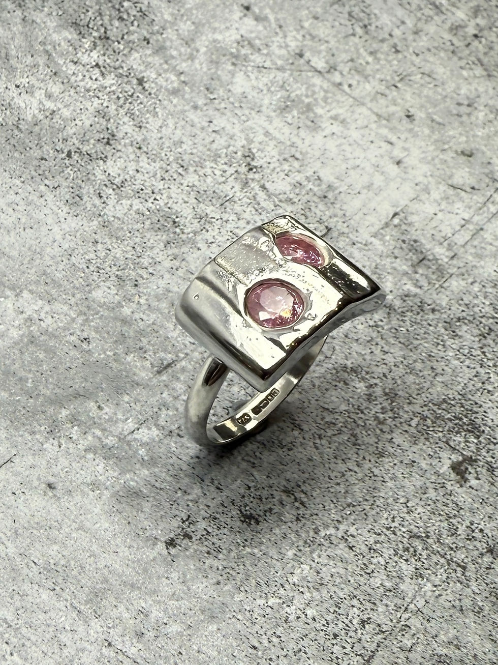 Thumbnail: Assay Hallmarked Ribbed Silver & Pink CZ Feature Ring (Size W)