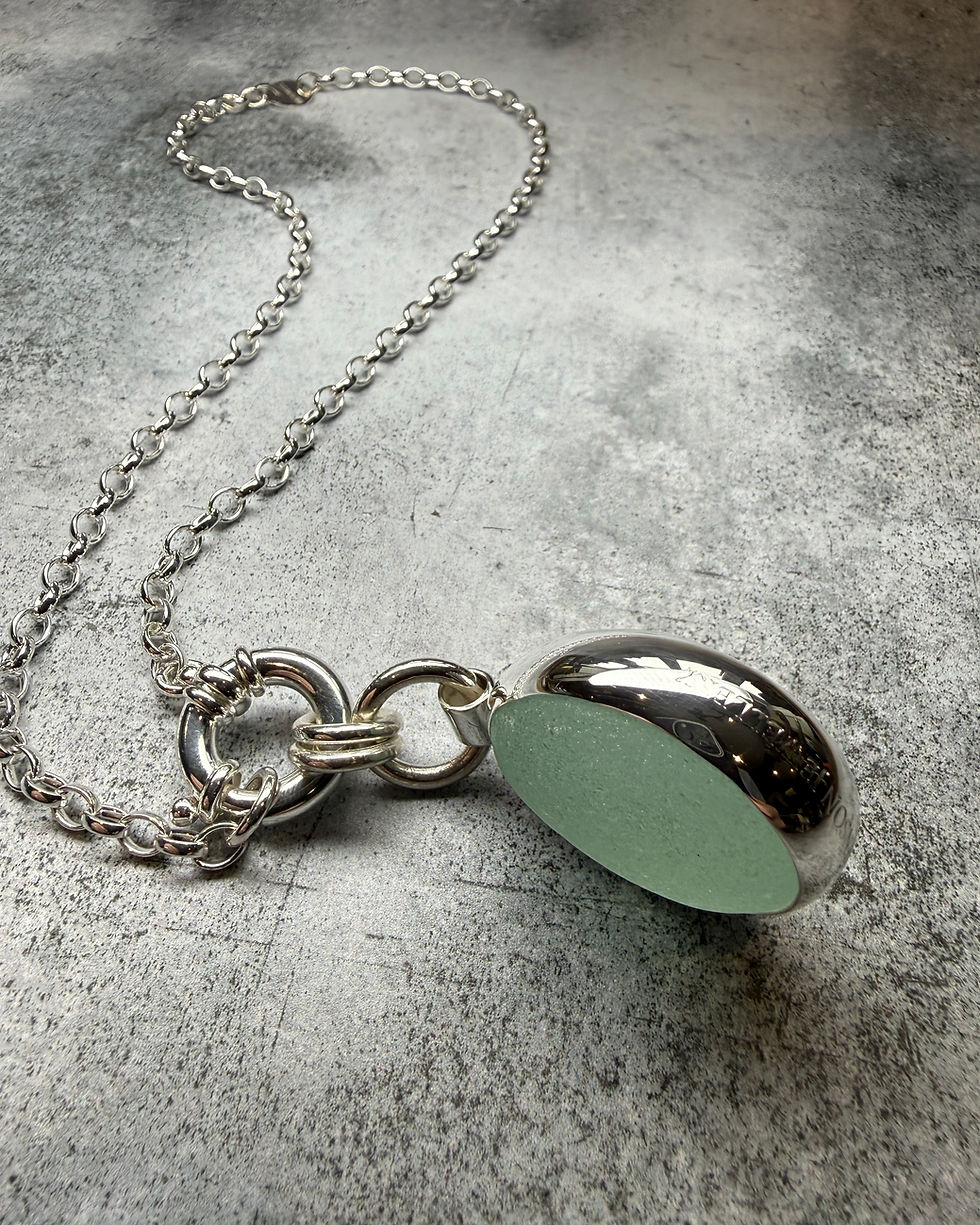 Thumbnail: Hallmarked Silver, Seafoam Seaglass & Giant Bolt Clasp Belcher Necklace 18”