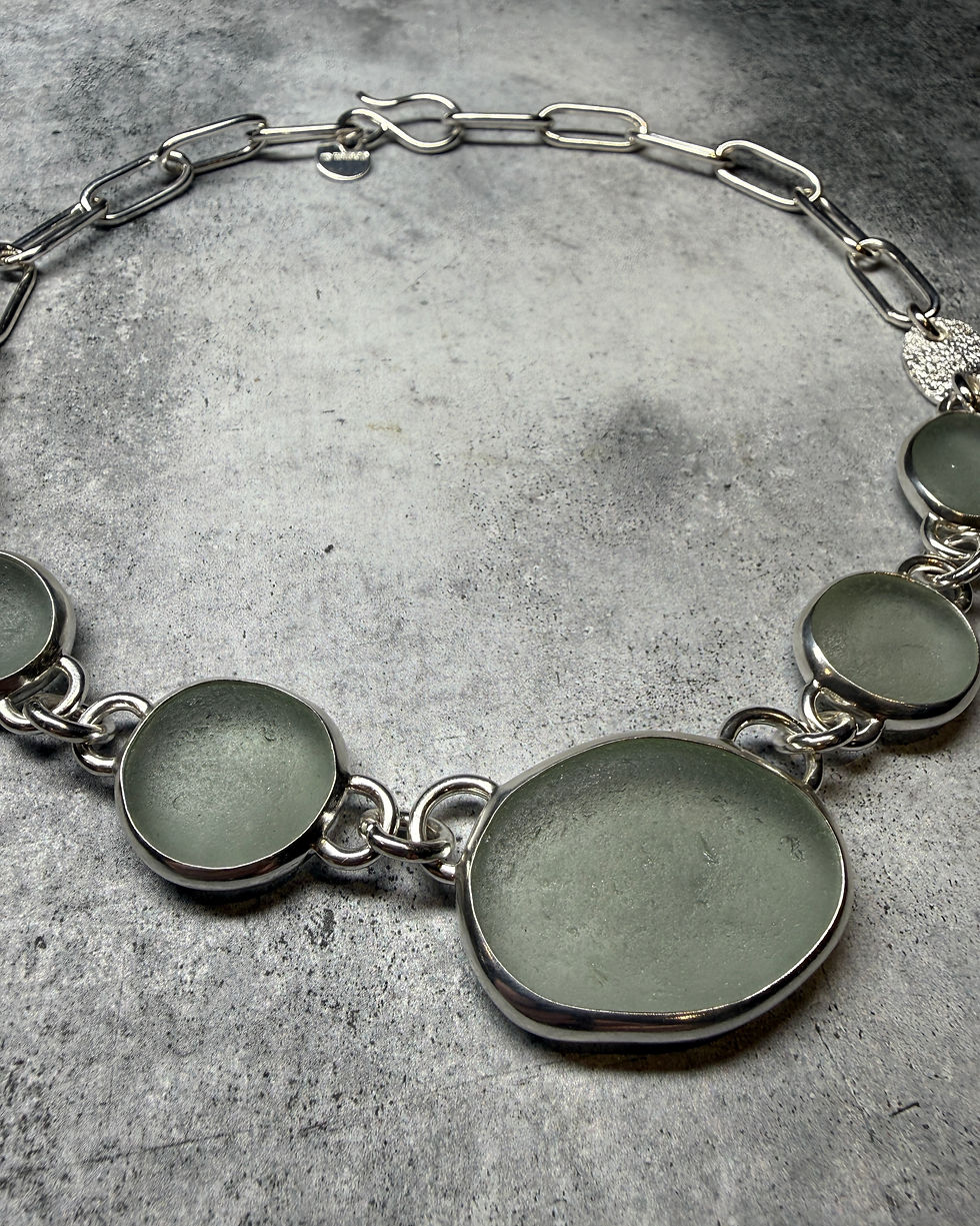Thumbnail: Hallmarked Silver, Seafoam Seaglass, Chunky Oval Link Statement Necklace 18”