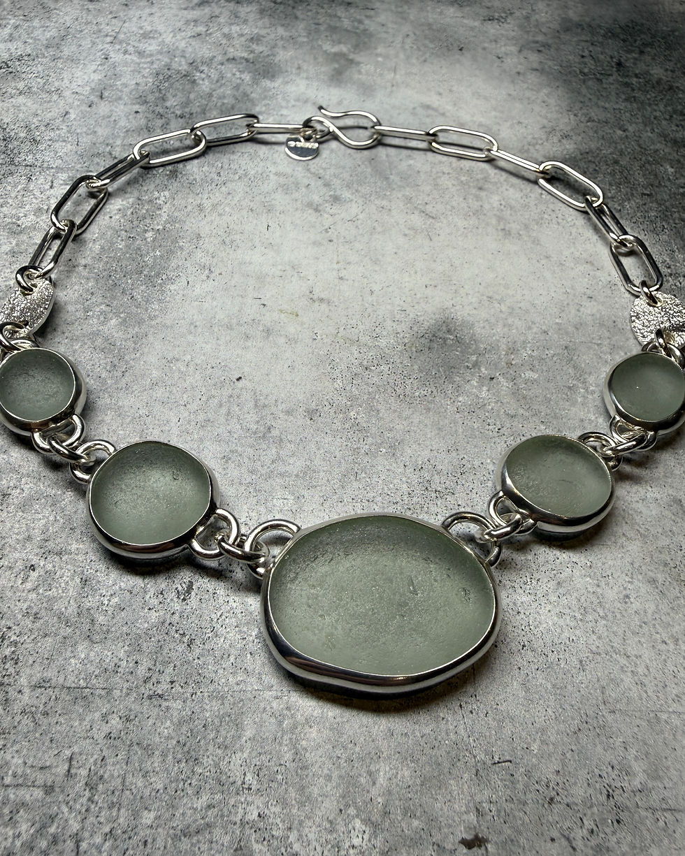 Thumbnail: Hallmarked Silver, Seafoam Seaglass, Chunky Oval Link Statement Necklace 18”