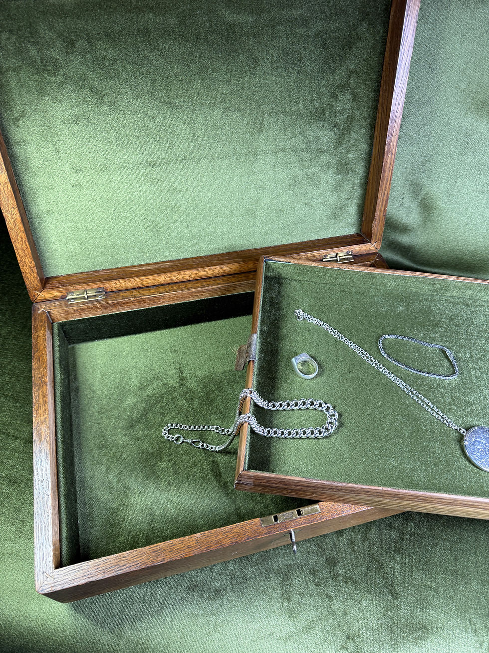 Thumbnail: Oak Jewellery Canteen, Brass Shield, Green Velvet Interior, Inner Tray & Key