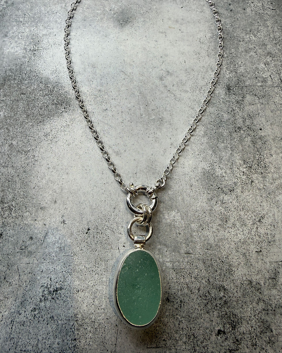 Thumbnail: Hallmarked Silver, Seafoam Seaglass & Giant Bolt Clasp Belcher Necklace 18”