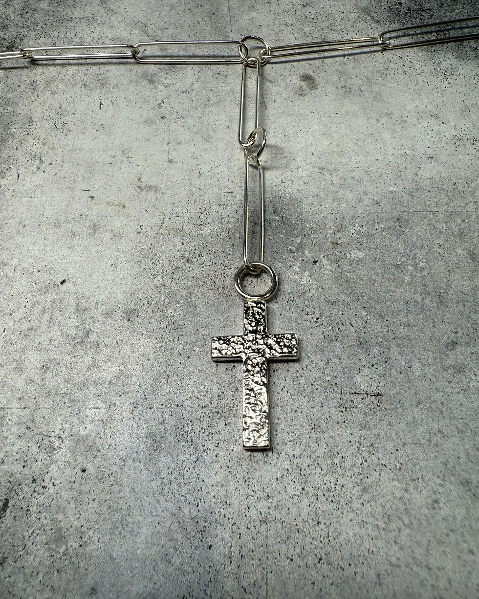 Thumbnail: Assay Hallmarked Silver Long Link Chain & Hammered Crucifix Rosary Lariat