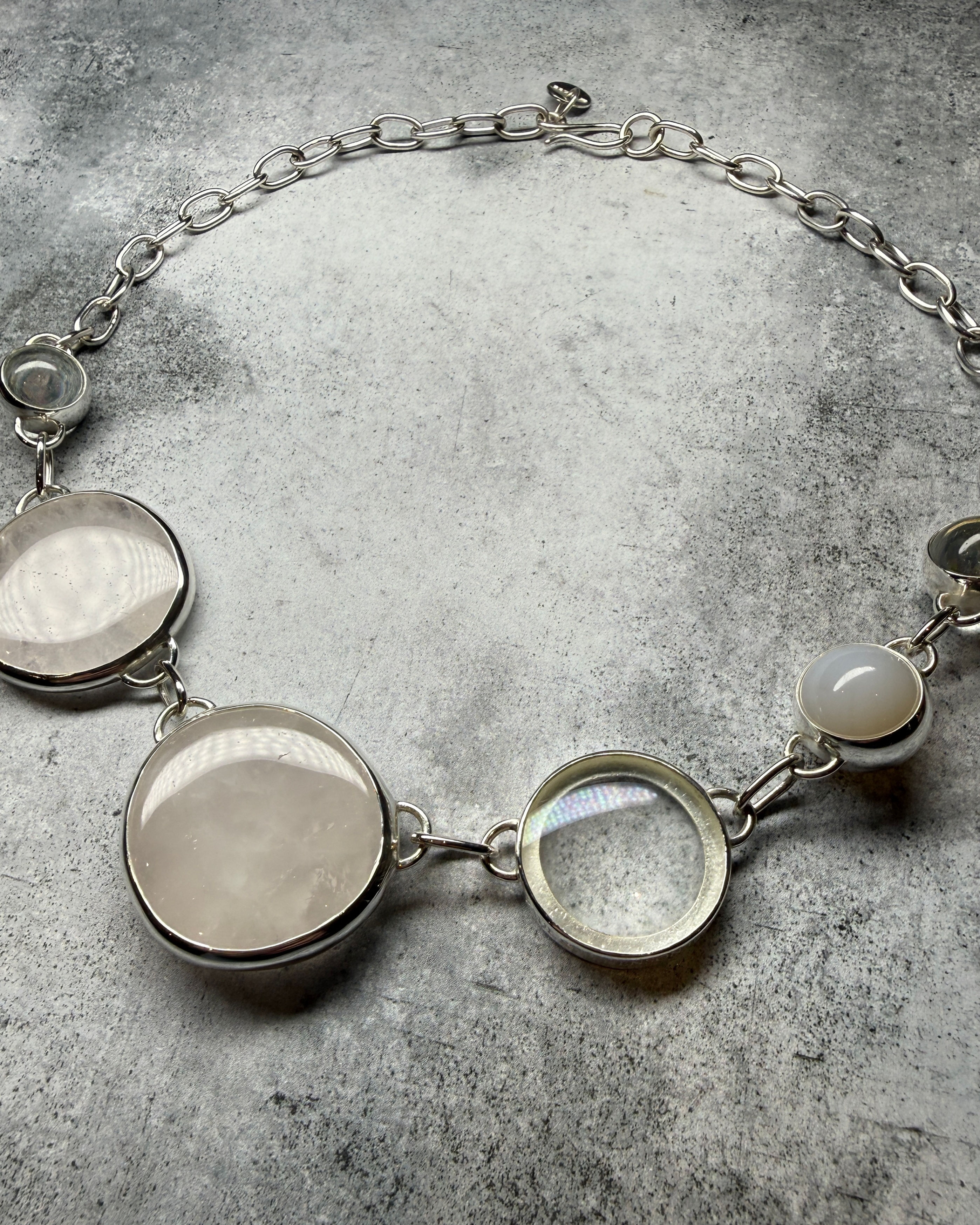 Hallmarked Silver, Quartz & Opalite, Chunky Oval Link Statement Necklace 19”