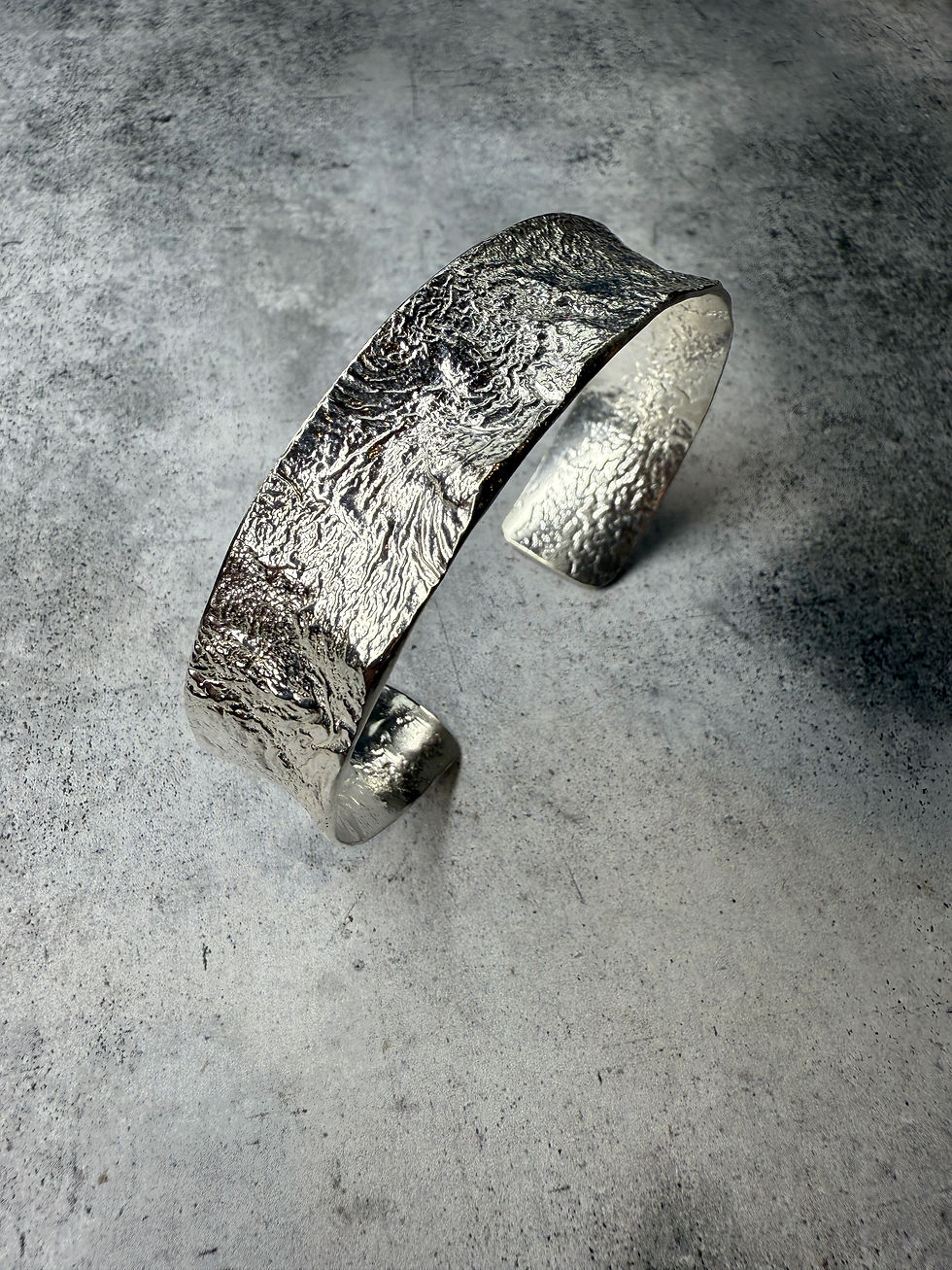 Thumbnail: Hallmarked Silver ‘Mountains’ Unisex Wide Concave Torque Cuff Bangle