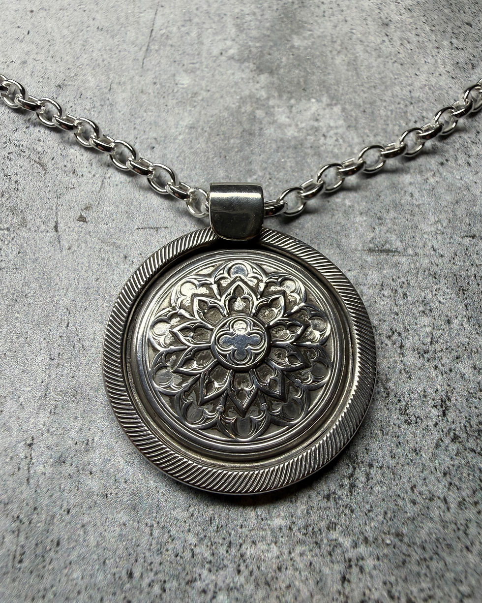 Thumbnail: Hallmarked Silver Gothic Rose Window Pendant & Belcher Chain Necklace 18”