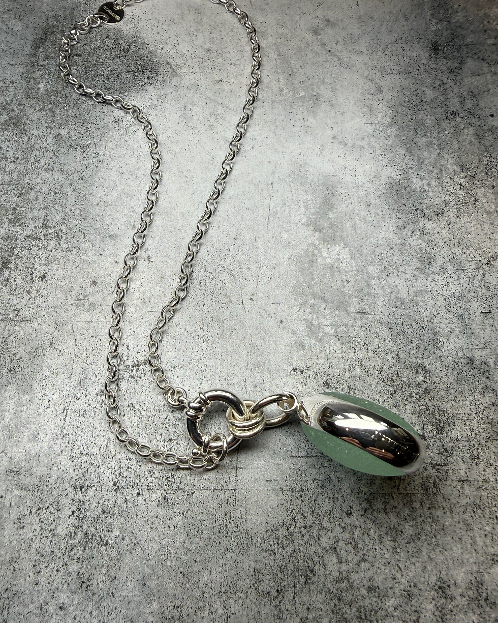 Thumbnail: Hallmarked Silver, Seafoam Seaglass & Giant Bolt Clasp Belcher Necklace 18”
