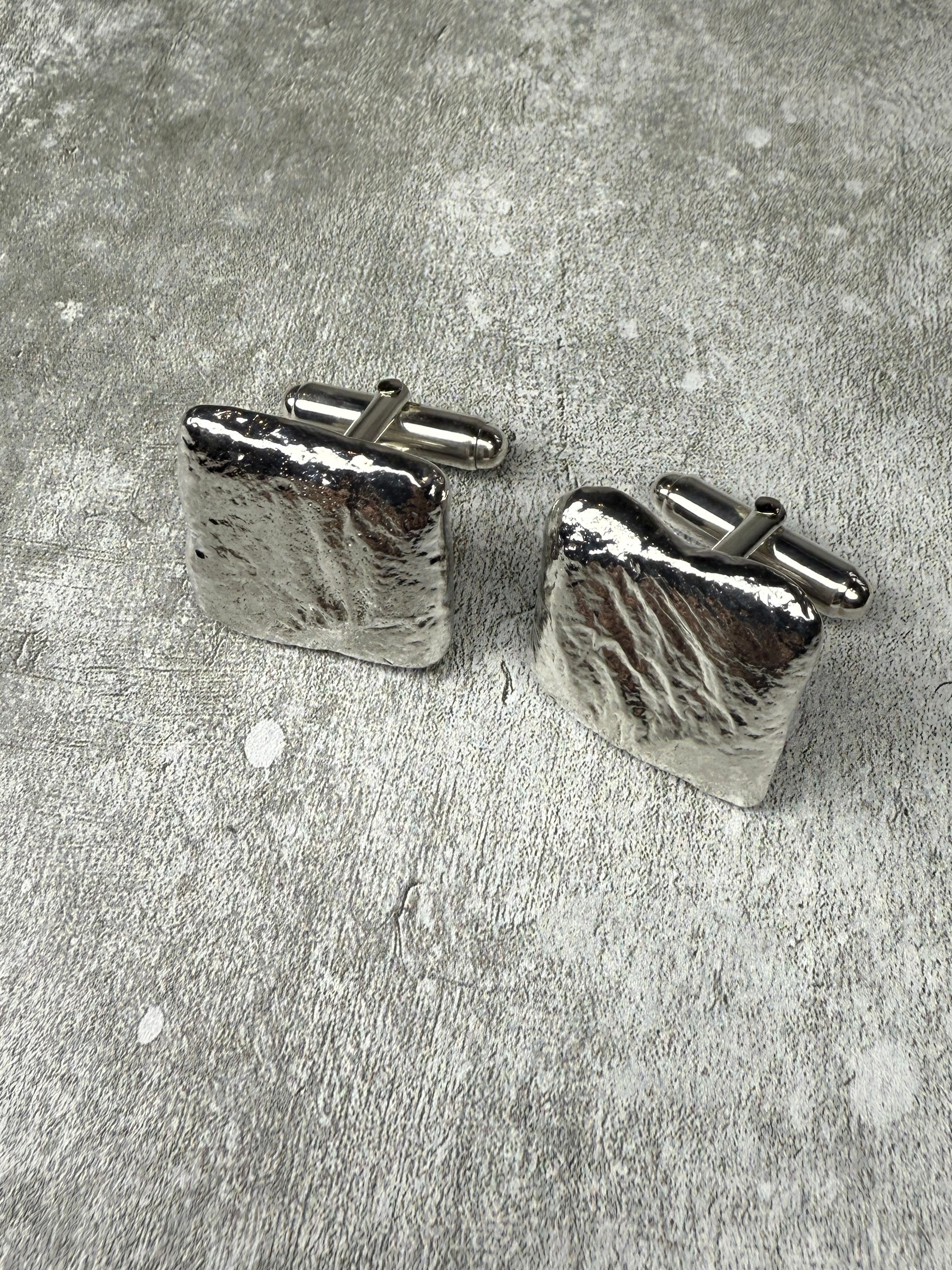 Assay Hallmarked Sterling Silver ‘Molten’ Square Cufflinks 