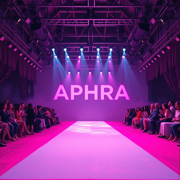 a runway, make it like a premium fashion show with the words APHRA up just once, in hot pink.jpg