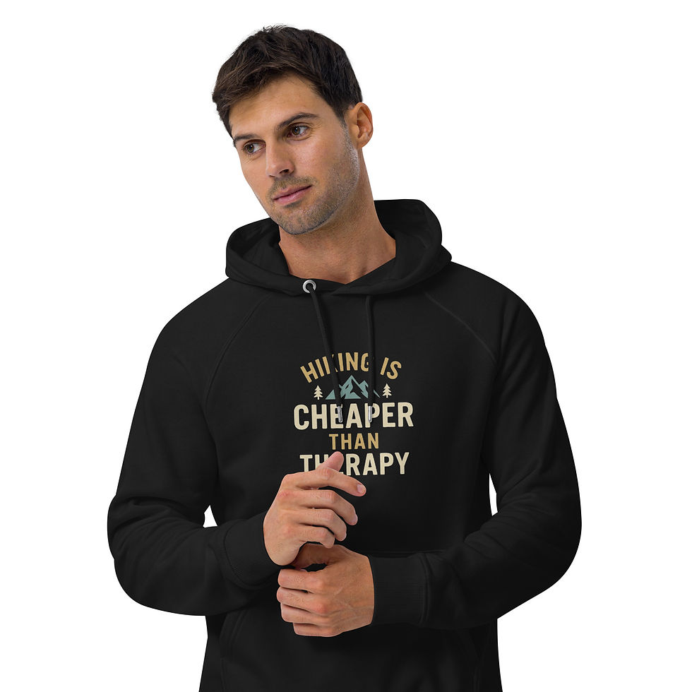 Thumbnail: Hiking Is Cheaper Than Therapy eco-friendly hiking sweater – Guy wearing hiking sweaterfront view