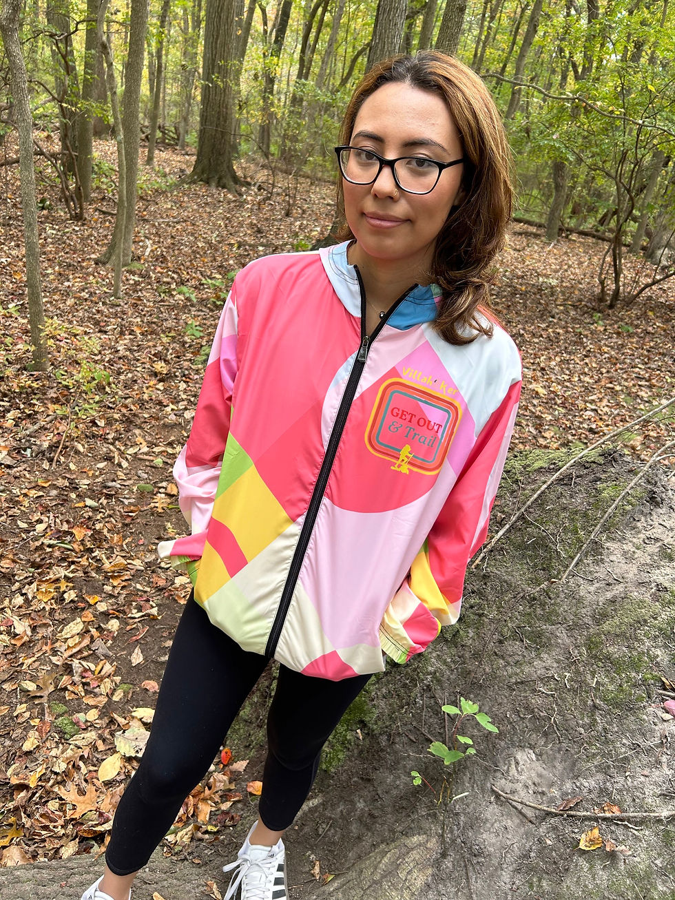 Thumbnail: Get Out Trail Squares Unisex Outdoor Waterproof Hiking Windbreaker Jacket - girl hiking front view