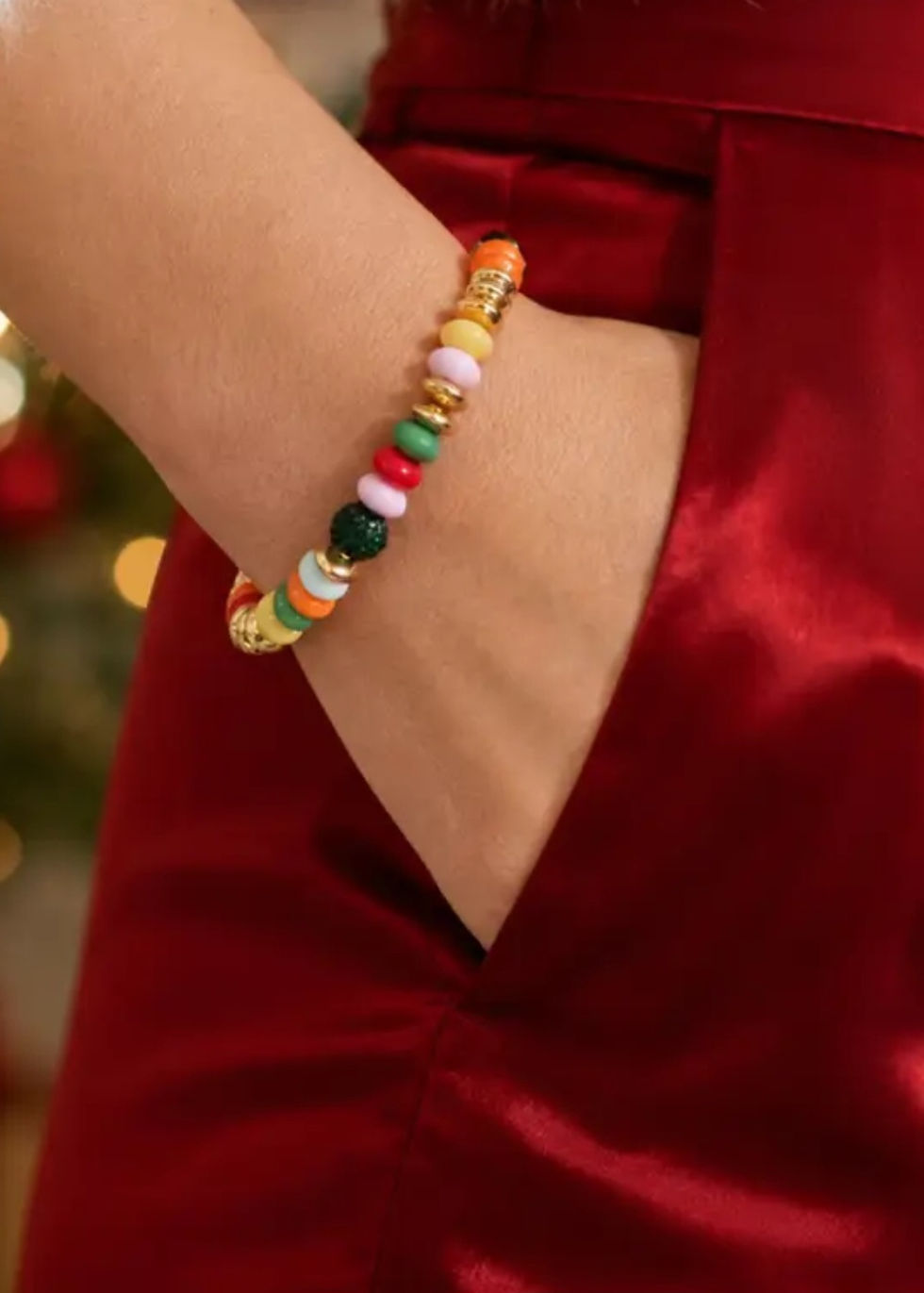 bead bracelet on model wrist view