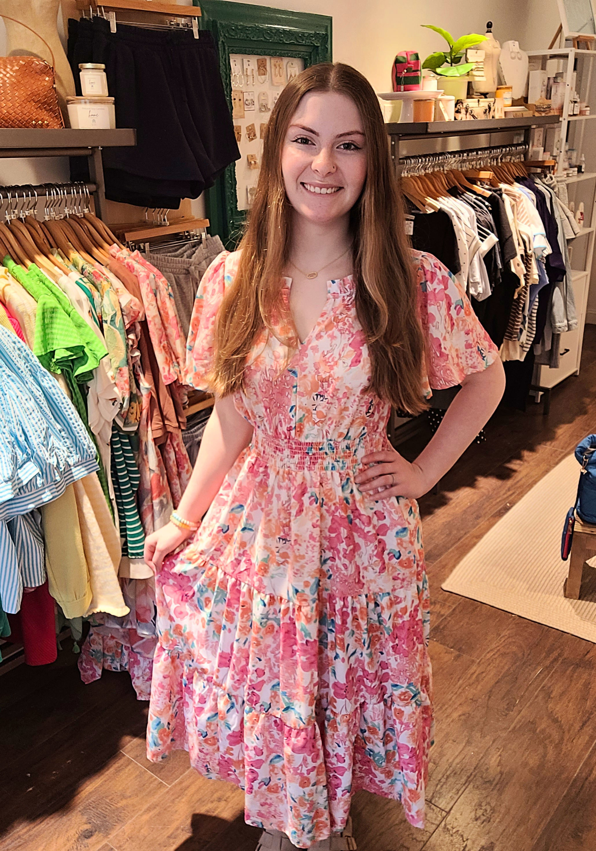 Floral dress front view on model