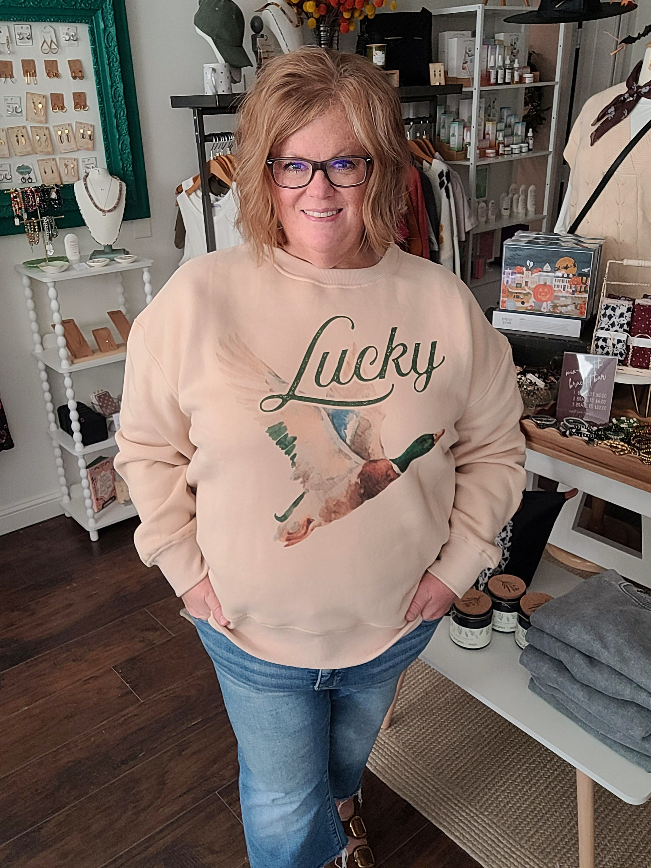 Lucky Duck Mallard Sweatshirt on model front view