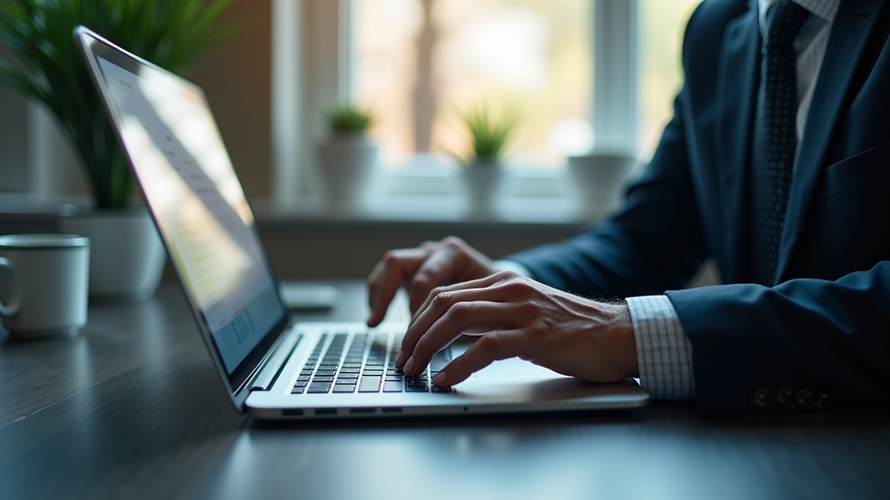 Eye-level view of a business professional analyzing data on a laptop