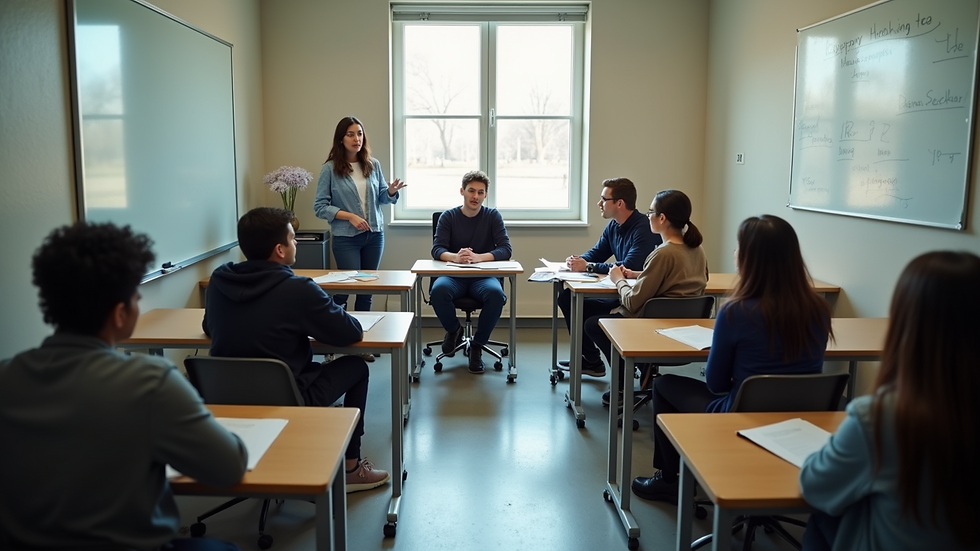 High angle view of a classroom with students and teachers engaged in group discussion