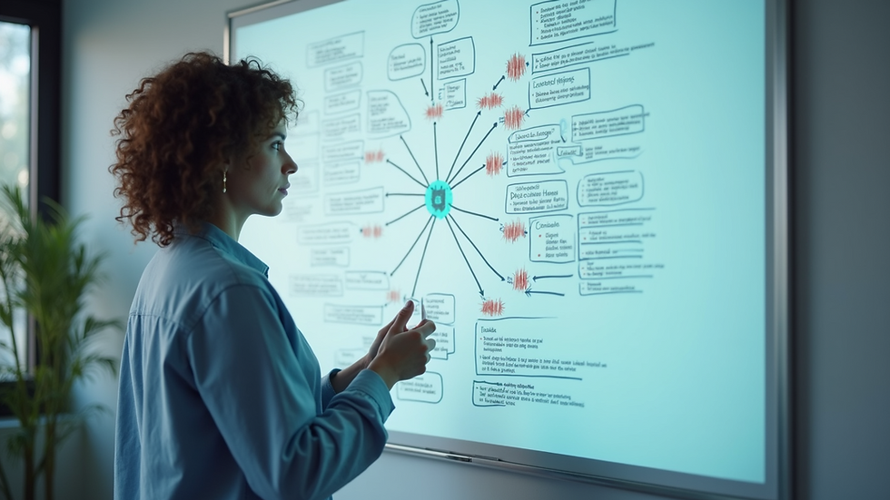 Close-up of a digital whiteboard showing AI-generated mind maps for group brainstorming