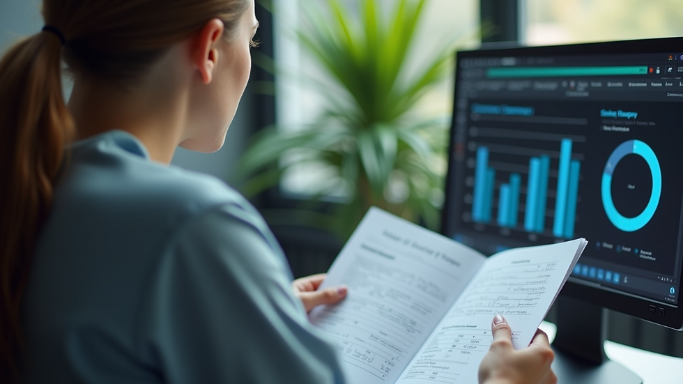 Close-up of a teacher reviewing AI-generated student performance reports