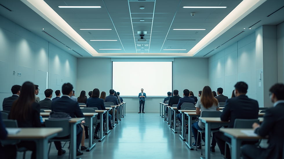 Wide angle view of a modern classroom equipped with AI learning technology