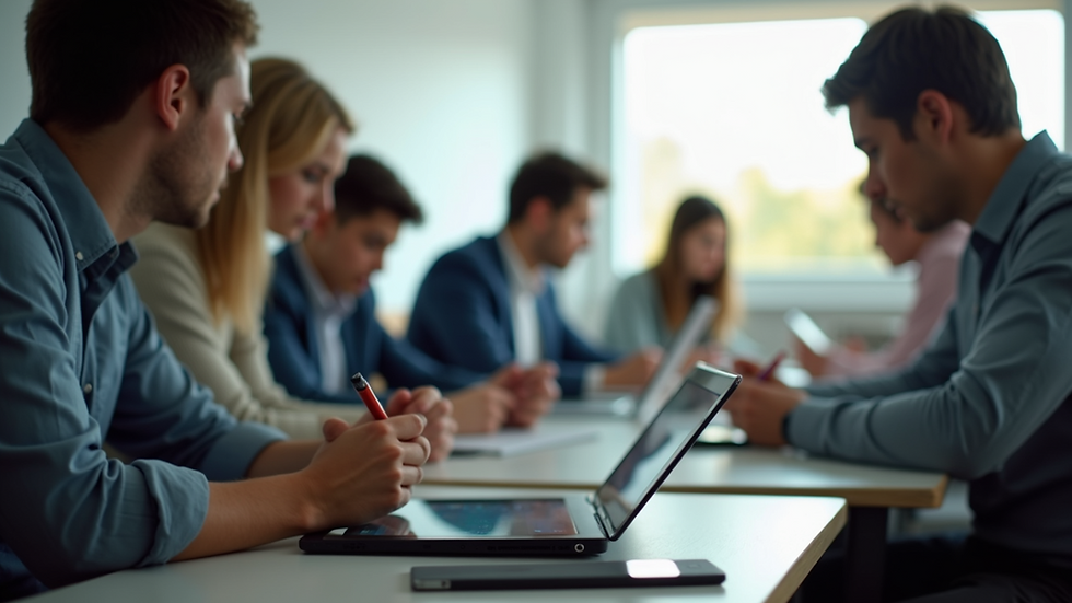 Eye-level view of a classroom with students using tablets for group work