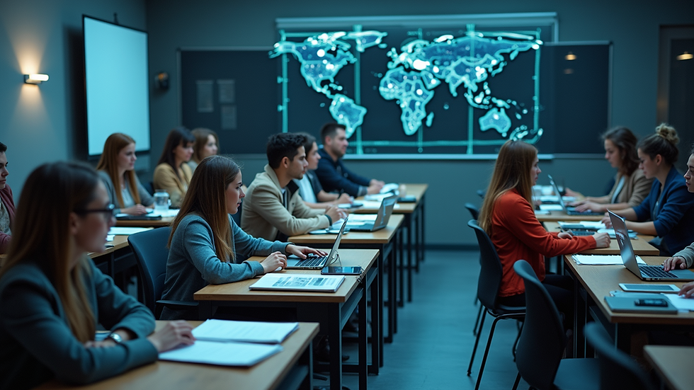 High angle view of a classroom with students engaging with AI technology