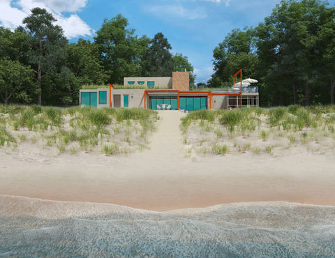 Contemporary lakefront home with living green roof and bold orange steel framing, designed by A. Lane Architecture, nestled in the Lake Michigan dunes with direct beach access.