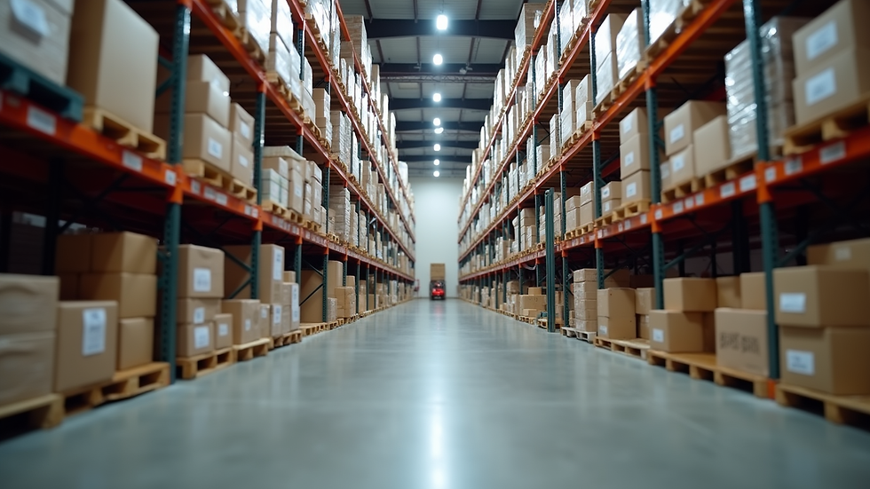 Eye-level view of a logistics center with organized inventory shelves