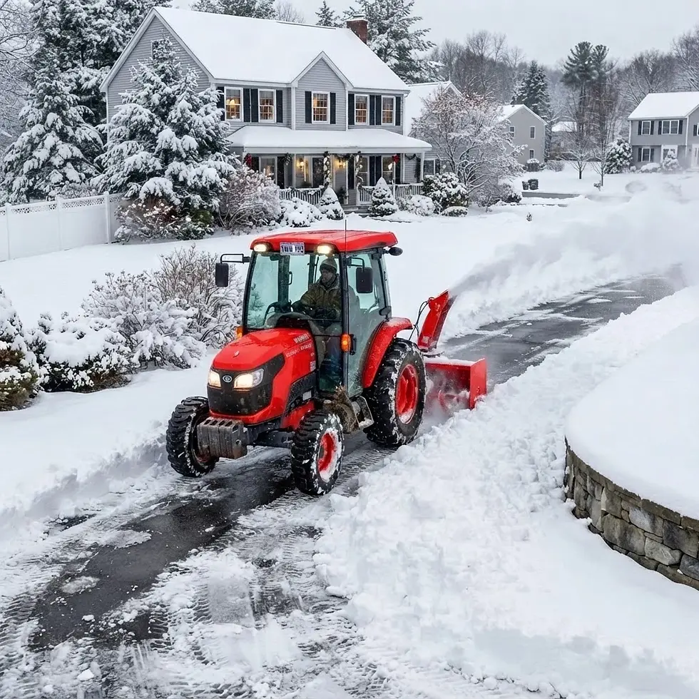 Outdoor photography, a red tractor clearing snow from a residential driveway. A snowy suburban house stands in the background during a winter day.