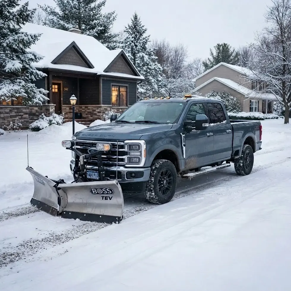 Studio photography of a pickup truck equipped with a snow plow in a snowy residential setting. The scene captures a quiet winter day with snow-covered surroundings.