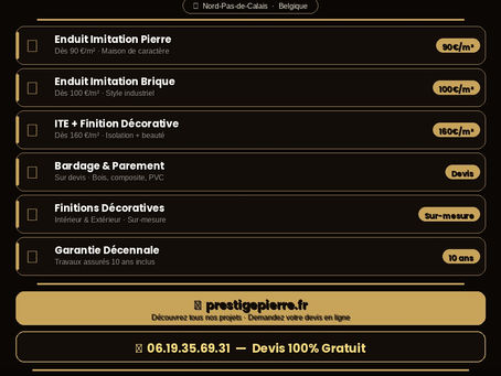 Vous habitez à Valenciennes (59300), Béthune (62400) ou dans l'une de leurs nombreuses communes voisines ? Vous cherchez un façadier sérieux, qualifié et sans sous-traitant pour votre enduit pierre, votre ravalement de façade ou votre isolation thermique ? Prestige Pierre est l'artisan façadier de référence dans le Nord-Pas-de-Calais et intervient régulièrement dans le Valenciennois et le Béthunois pour tous les travaux de façade. 📞 Devis gratuit Valenciennes ou Béthune — 06 19 35 69 31