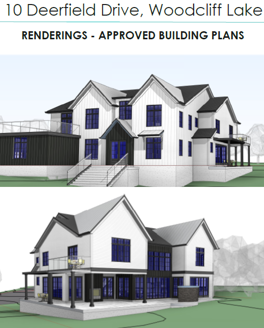 Architectural renderings of approved luxury home plans for 10 Deerfield Drive in Woodcliff Lake NJ featuring modern farmhouse design, expansive outdoor living spaces, and custom estate potential in Bergen County