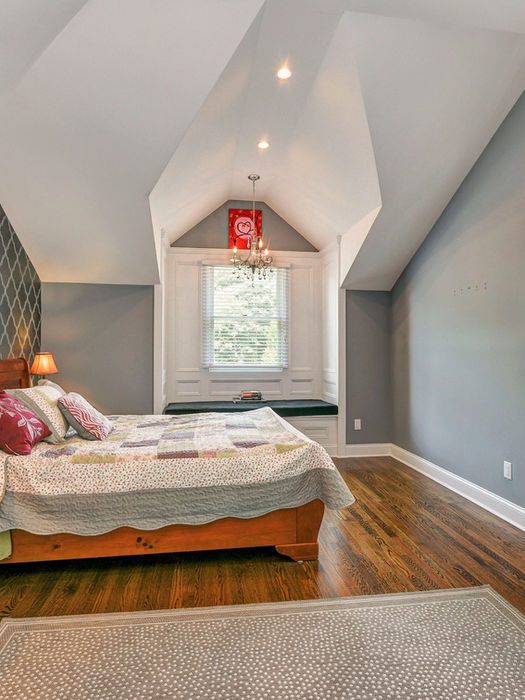 Spacious bright bedroom with architectural details in renovated Glen Rock Colonial rental