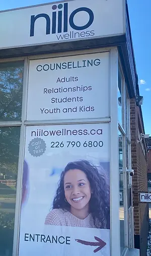 Niilo Wellness Therapy Office in Guelph, Front window signage