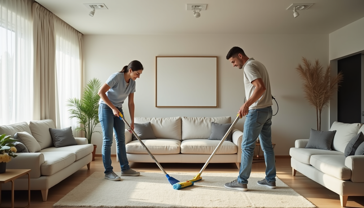 Eye-level view of a couple cleaning a modern living room together