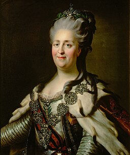 Portrait of Catherine the Great wearing robe and crown. Artist after Alexander Roslin, 1780s.