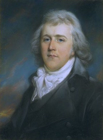 Portrait of James Stanier Clarke wearing a black coat and white cravat. Artist John Russell, circa 1790.