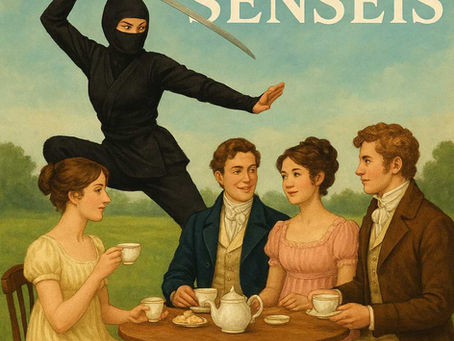AI book cover titled Sense and Senseis with image of people drinking tea, female in ninja garb with sword in background