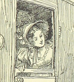 Illustration from 1896 edition of Emma, depicting a woman in a bonnet looking out of a carriage window. Artist Hugh Thomson.