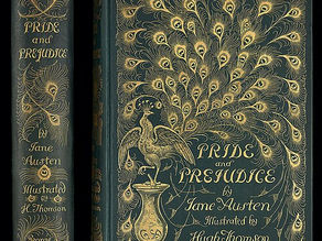 Green cover of Pride and Prejudice, decorated with gold peacock and tail feathers. National Library of New Zealand, 1894.