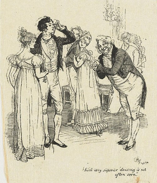 Illustration from 1894 Peacock Edition of Pride and Prejudice, depicting man bowing to woman and man on dance floor, captioned, "Such very superior dancing is not often seen." Artist Hugh Thomson.