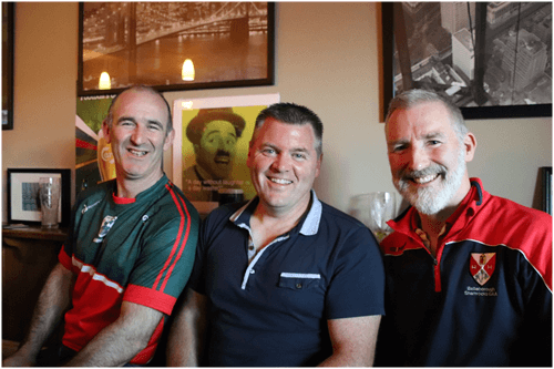 Gavin Hartin, Damien Duignan and John Donnellan in Kingscourt enjoying post match celebrations after the Cavan Legends game.