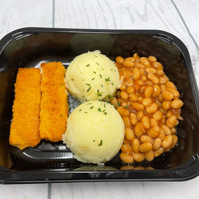 Irish School Lunches Fish Fingers with Mash & Beans