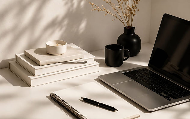 Mesa de trabalho de um estúdio criativo com notebook, livros e objetos de decoração