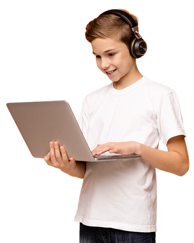 Young male student wearing headphones holding and smiling at laptop, wearing white t-shirt and jeans