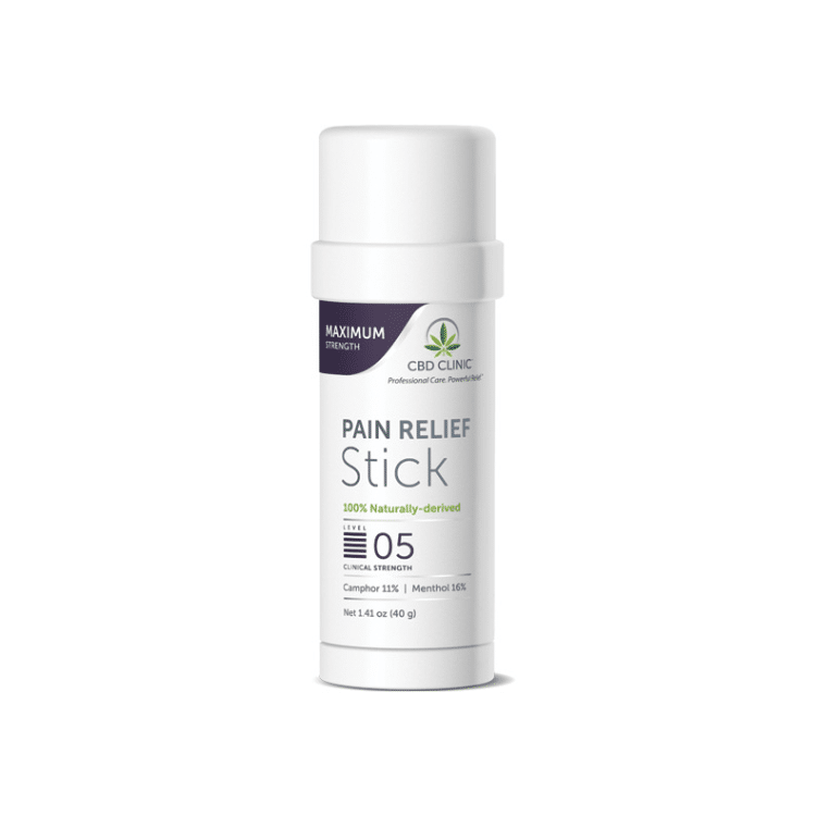 image of CBD pain stick product. Product is a tall white cylinder. Writing on product is: maximum strength. CBD Clinic. Pain Relief Stick. 100% Naturally derived. Level 5. Clinical Strength, Camphor 11% Menthol 16% Net 1.41 oz