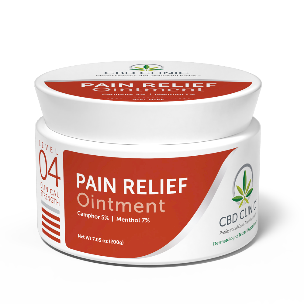 Level 4 pain relief ointment. shows orange and white container