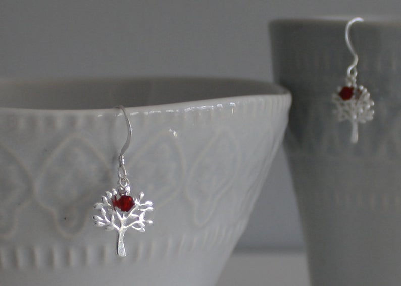 Thumbnail: Tree of Life Sterling Silver Earrings with Crystal bead Accent