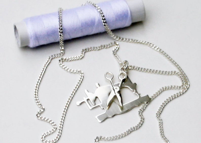 Thumbnail: Singer Sewing Machine Necklace Scissors Necklace Solid Sterling Silver