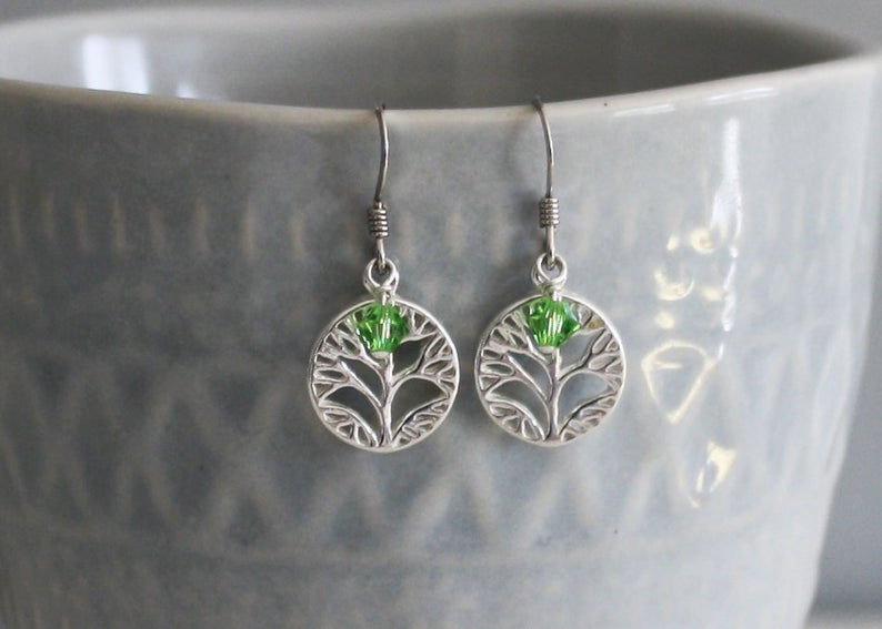 Thumbnail: Tree of Life Sterling Silver Earrings with Crystal bead Accent