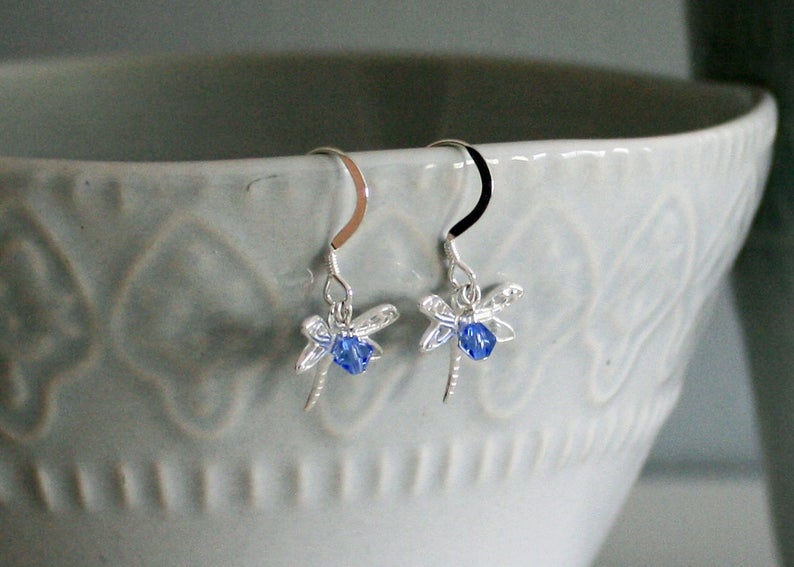 Thumbnail: Dragonfly Sterling Silver Earrings with Crystal bead Accent